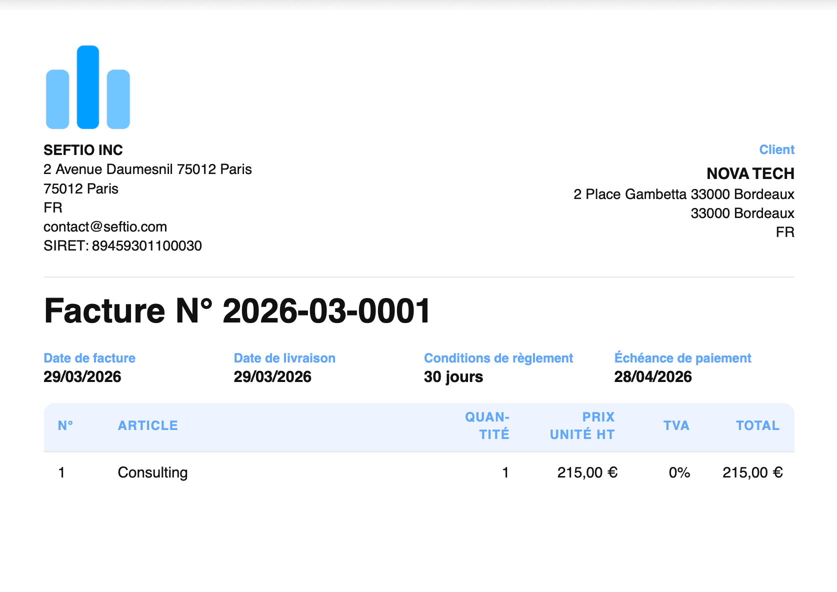 Exemple de facture Seftio pour auto-entrepreneur